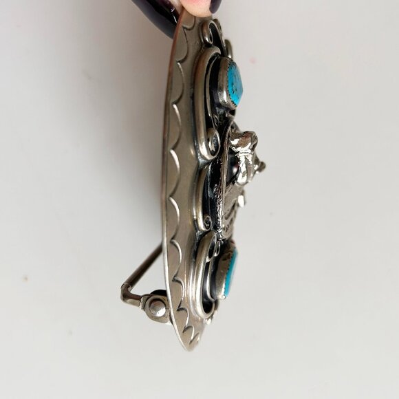Squaw Wrap Signed Belt Buckle Turquoise, Coral, Horse and Lucky Horseshoe - Picture 5 of 7